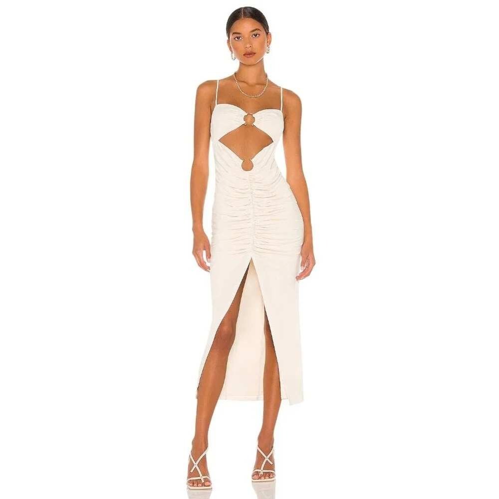 Camila Coelho Yasmeen Ruched Cutout Midi Dress Beige Tan Medium‎ NWT Revolve